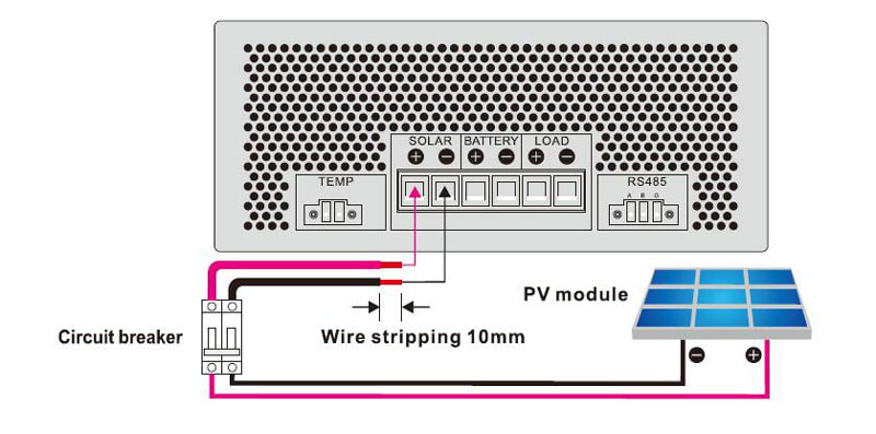Xin lưu ý rằng khi kết nối mô đun PV, nó phải ngắt kết nối bộ ngắt mạch. Kết nối được hiển thị trong hình dưới đây.